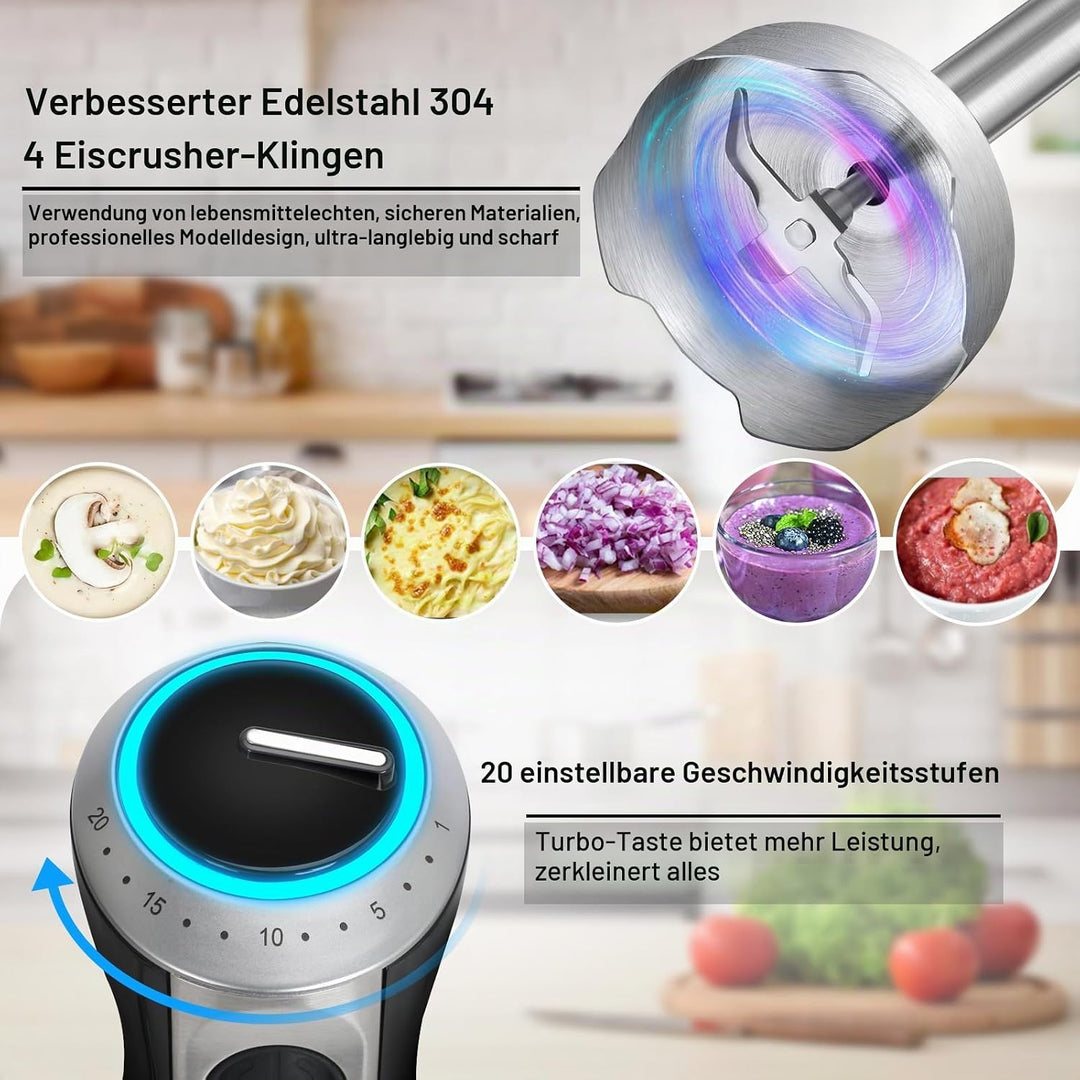 1000W Stabmixer, Pürierstab mit 20 einstellbaren Geschwindigkeiten und Turbo-Modi, Stabmixer Set mit