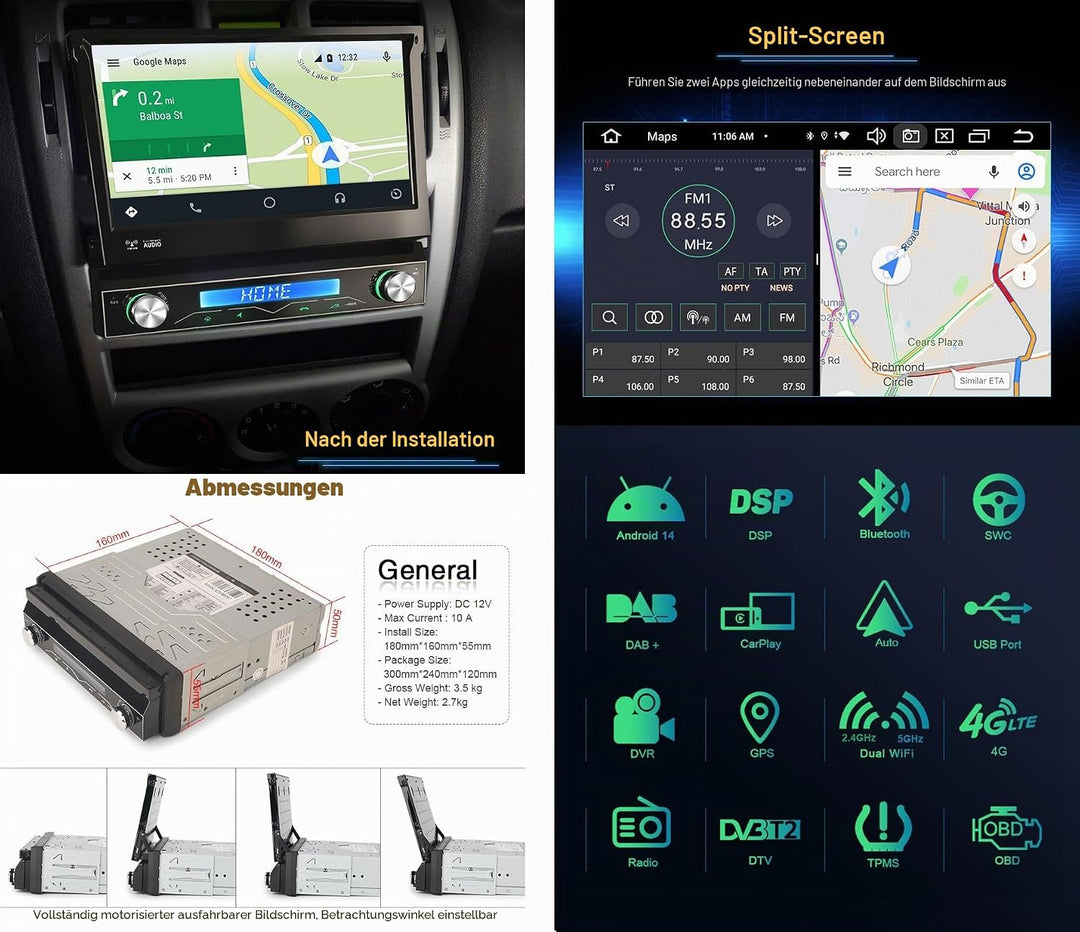 Erisin 8-Kern 4GB RAM+64GB ROM Android 14 1Din Universal GPS Navi Autoradio 7 Zoll HD IPS Touchscree