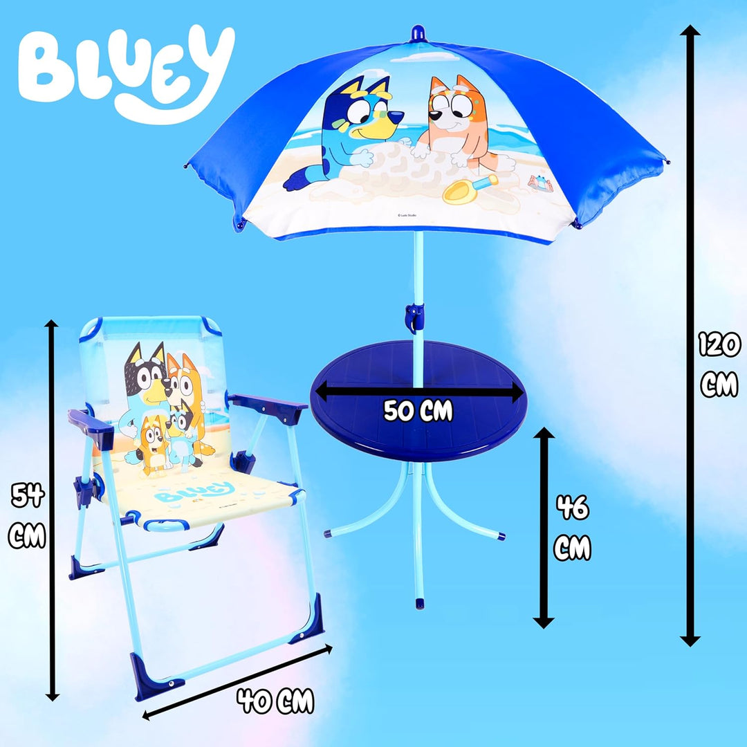 Toyland® Bluey & Bingo Terrassenset mit Tisch und Stühlen – 1 Tisch, 2 Stühle und 1 Sonnenschirm – K