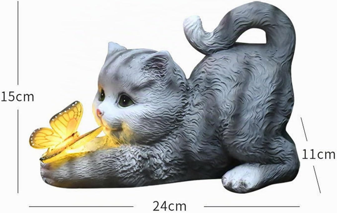 Katzen Deko Gartenfiguren mit Schmetterlinge LED Solarlampen, Wetterfest Solar-Katzenstatue für Drau