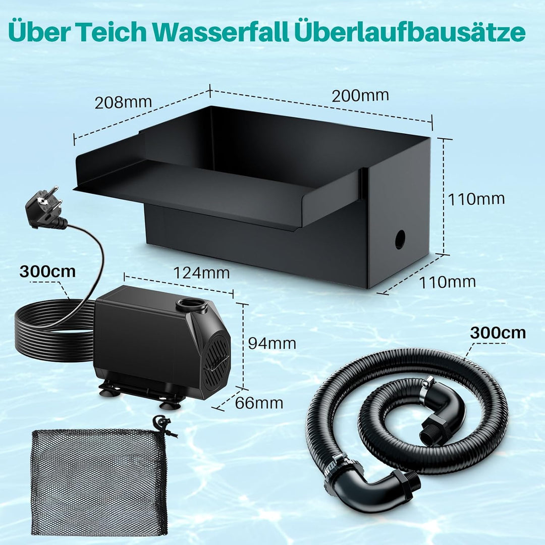 Biling Teich Wasserfall für Gartenteich, 20cm Edelstahl Teichwasserfall Set 40W 2500 L/H Teichpumpe