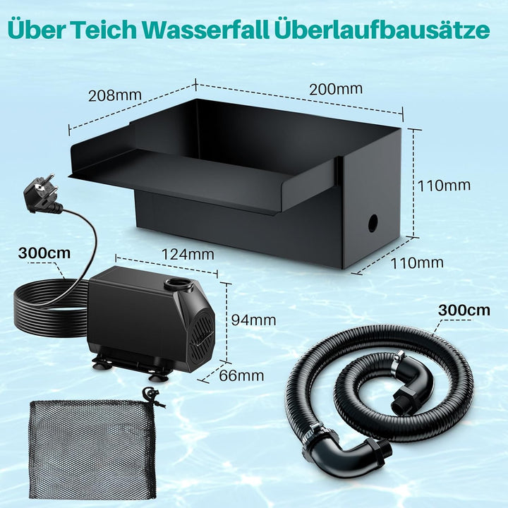 Biling Teich Wasserfall für Gartenteich, 20cm Edelstahl Teichwasserfall Set 40W 2500 L/H Teichpumpe