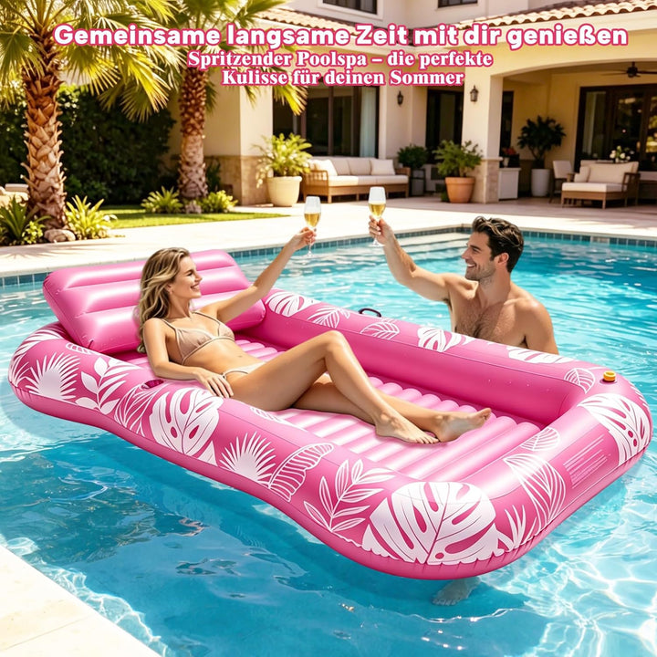 Tanning Pool mit Eingebautem Sprinkler, Luftmatratze Schwimminsel mit Getränkehalter, Griff und Rück