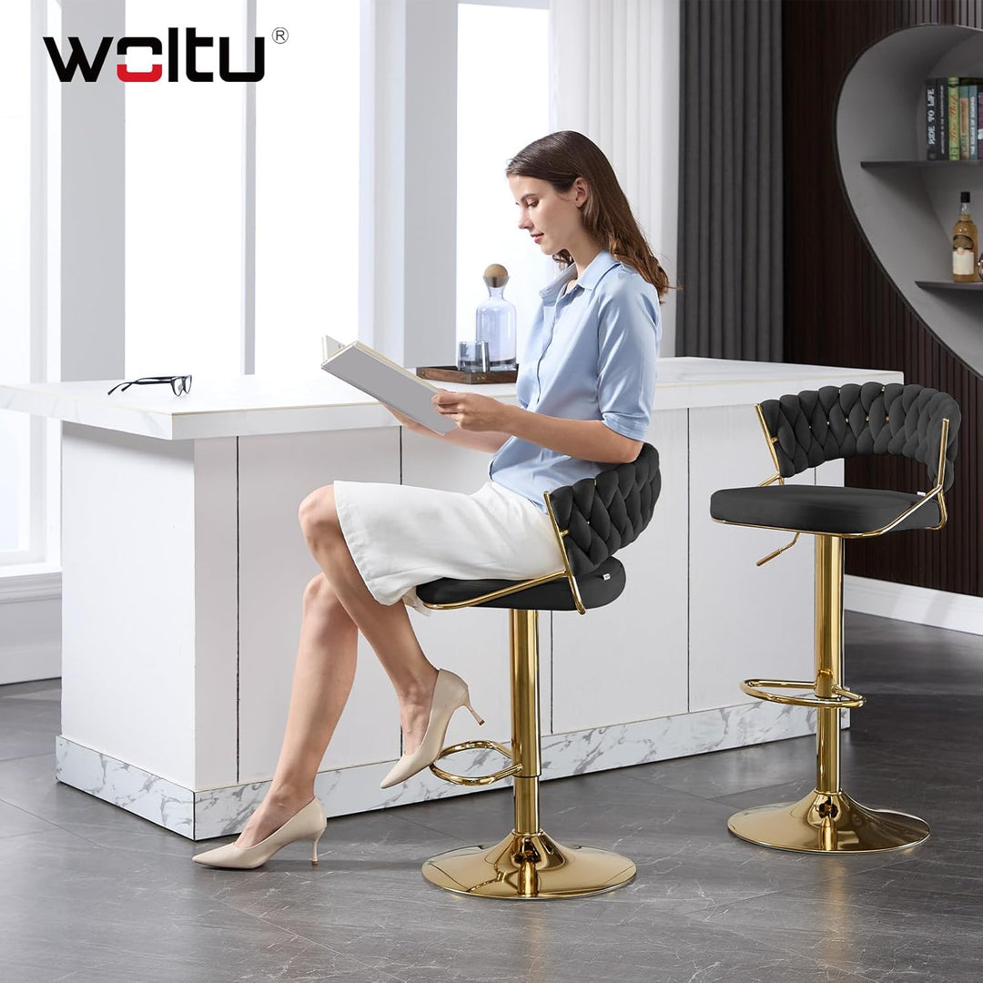 WOLTU Barhocker 2er Set, mit geflochtener Rückenlehne, Samthocker, Schwarz | Barstuhl 360° drehbar,