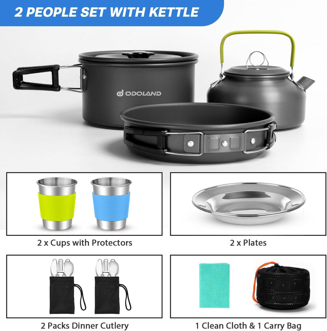 Odoland Camping Geschirr Set Kochset Topfen mit 0.8 L Teekessel Campingbesteck und Becher Leicht Alu