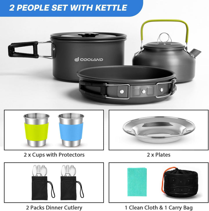 Odoland Camping Geschirr Set Kochset Topfen mit 0.8 L Teekessel Campingbesteck und Becher Leicht Alu