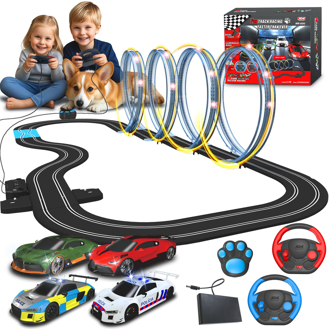 AGM MASTECH 18,7 Fuss Slot Car Rennbahn Set, 4 offiziell lizenzierte Lichtspielzeugautos, Lenkrad- u