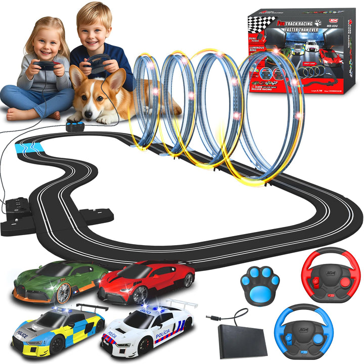 AGM MASTECH 18,7 Fuss Slot Car Rennbahn Set, 4 offiziell lizenzierte Lichtspielzeugautos, Lenkrad- u