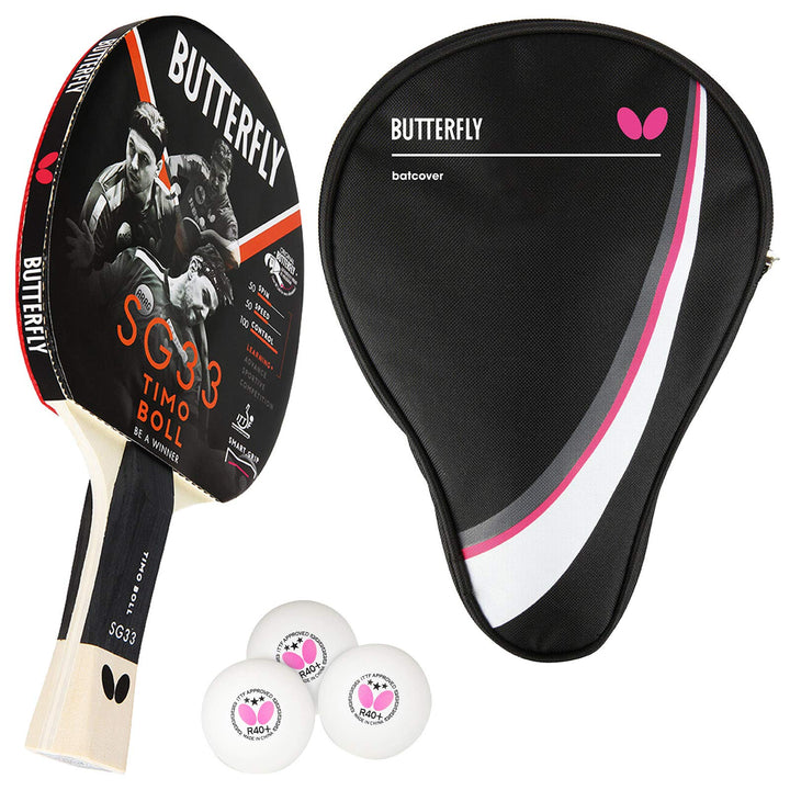 Butterfly SG33 Tischtennisschläger, Schwarz und Rot, One Bundle mit Case DC1 & 3 Bälle, Bundle mit C