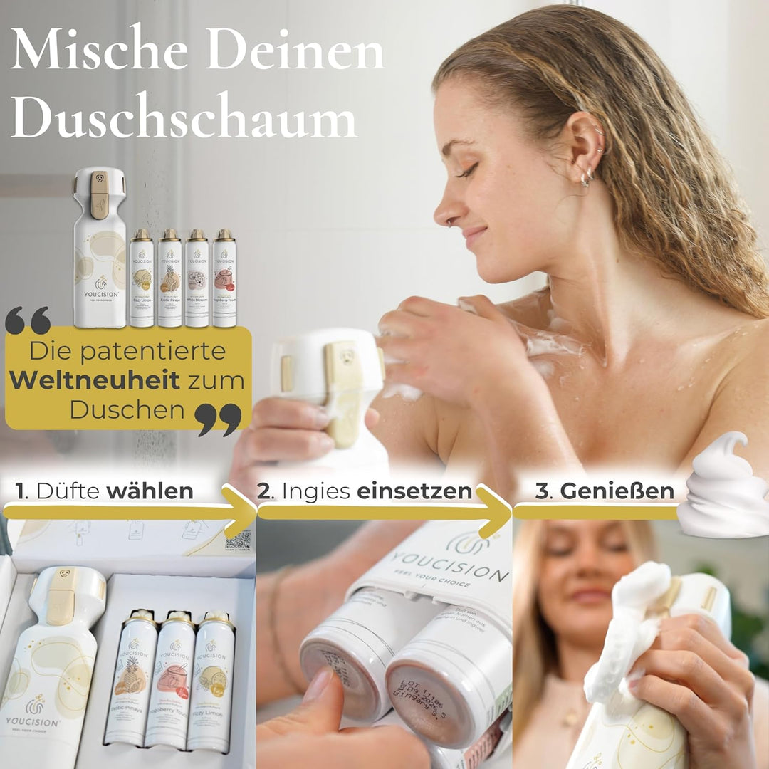 3-in-1 Duschschaum Spender – individuell mischbar & nachfüllbar – vegan, hautfreundlich & nachhaltig