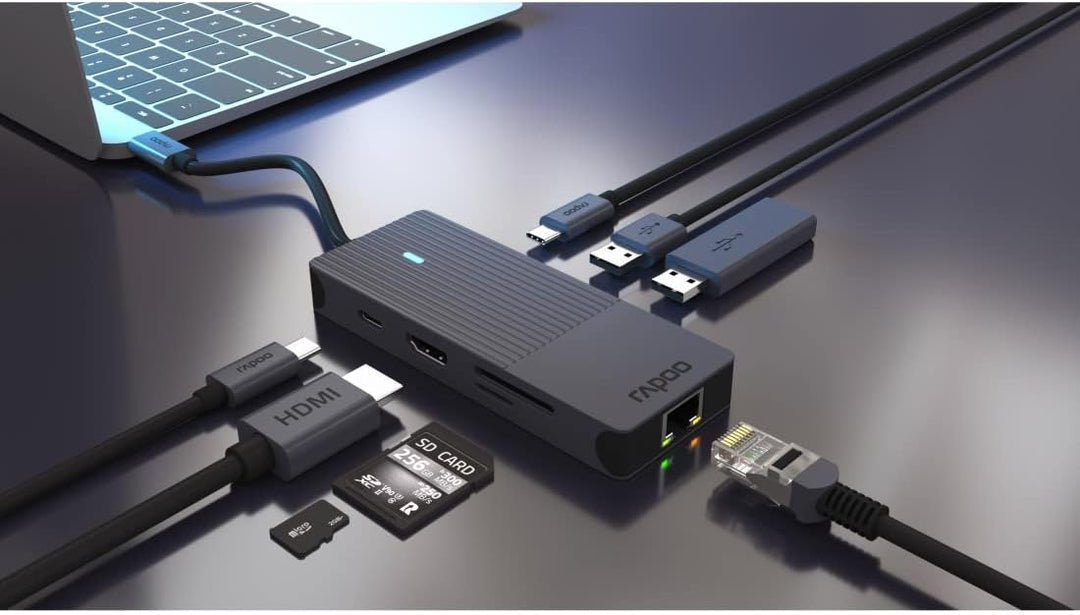 Rapoo UCM-2004 USB-C Multiport Adapter 8-in-1, 100W Power Delievery, 4k HDMI, 1 Gbps LAN, 1 USB-C un