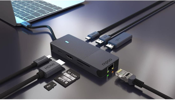 Rapoo UCM-2004 USB-C Multiport Adapter 8-in-1, 100W Power Delievery, 4k HDMI, 1 Gbps LAN, 1 USB-C un