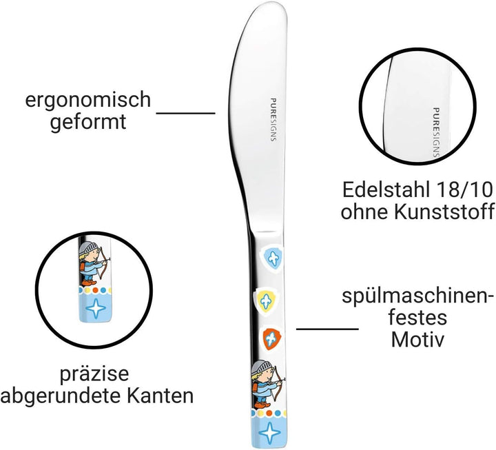 Puresigns ONE Miko Kinderbesteck mit neidlichen Ritter Motiven 4-teilig ergonomisch geformt peferkt