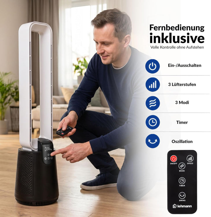 LEHMANN Turmventilator 2-in-1 mit Luftreiniger, 2x Hepa-Filter, leiser Ventilator mit Schlafmodus, 1