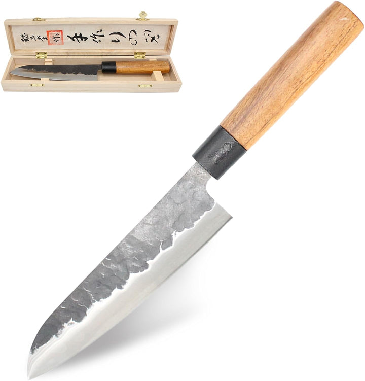 Chef Küchenmesser 18 cm - Japanisches Messer mit gehämmerter Stahlklinge 2.5 mm HCR Härte 58 - Profi
