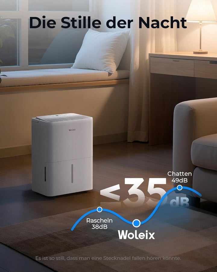 Woleix Luftentfeuchter elektrisch 12L, Entfeuchter elektrisch für Keller, Dehumidifier 35dB, Raument