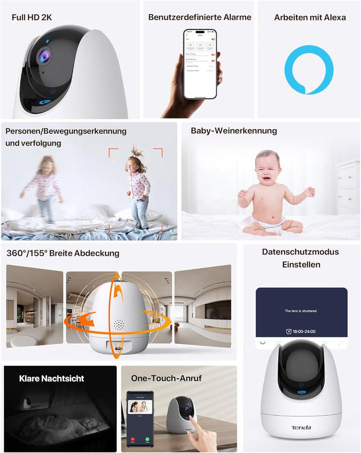 Tenda CP3 Überwachungskamera Innen, 1080p WLAN IP Kamera mit 2-Wege-Audio, 360°/155° drehbar, 12m Na