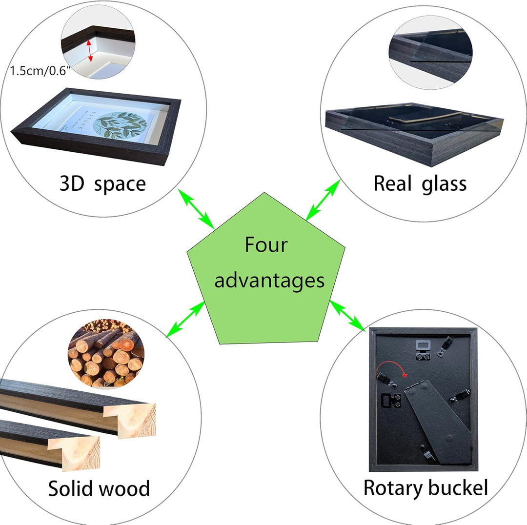 3D Bilderrahmen zum Befüllen Bilderrahmen Holz 13x18cm 2 Pack Schwarz Fotorahmen aus Massivholz und