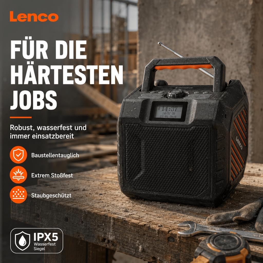 Lenco ODR-160BK Outdoor-Radio - DAB+/FM-Radio, Bluetooth-Lautsprecher, stossfest & wasserdicht, SD-K