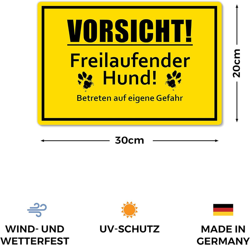 5 Stück Vorsicht! freilaufender Hund Schild 20 x 30 cm aus stabiler PVC Hartschaumplatte 3mm Achtung