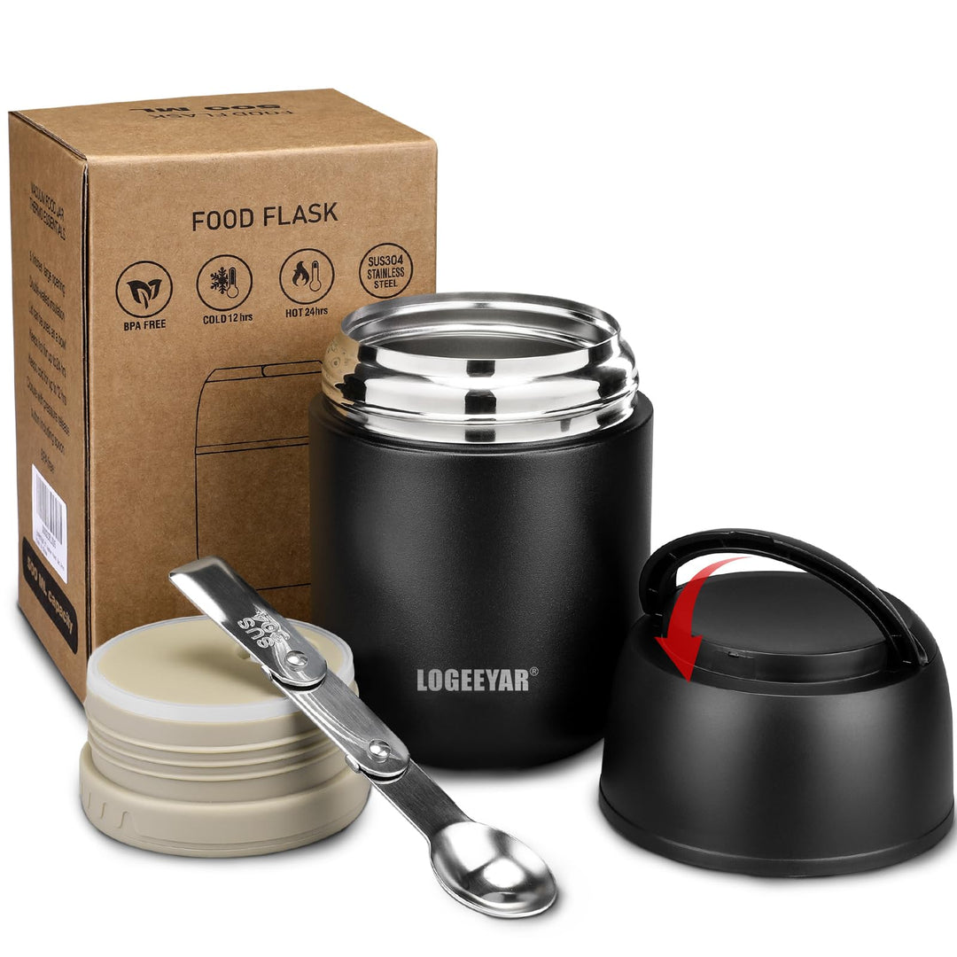 Itslife Thermobehälter für Essen 500ml Thermobehälter Edelstahl Warmhaltebehälter mit faltbaren Löff