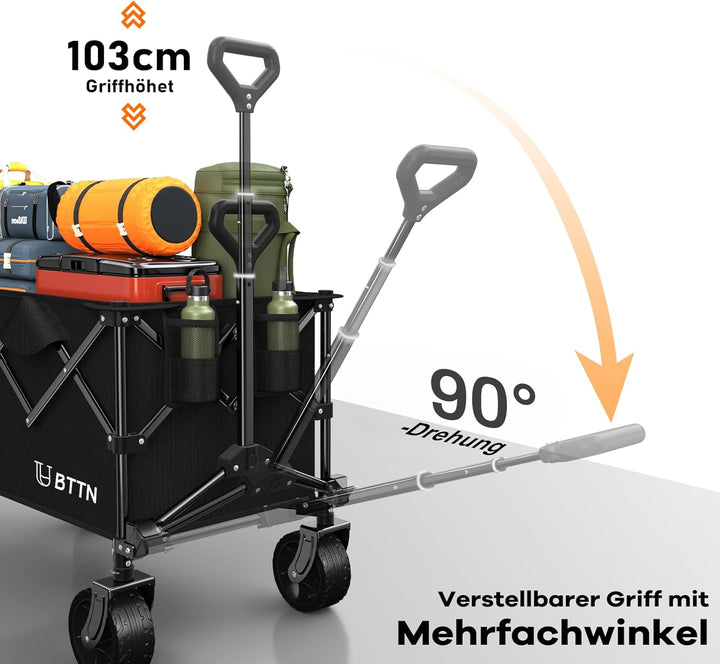 BTTN Bollerwagen faltbar 150L, Handwagen bis 190 kg Traglast, Klappwagen mit grossen 15 × 6 cm Gelän