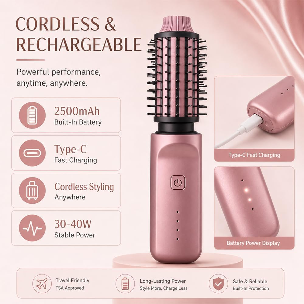 Warmluftbürste Kabellos, 38mm Thermal Brush mit 4 Temperaturen, Roségold | Hot Brush, Rundbürste Ele