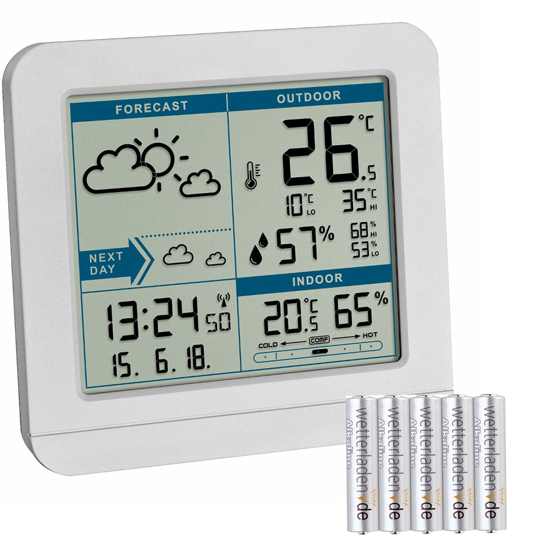 TFA Dostmann Sky 35.1152 Funk-Wetterstation mit Aussensensor, Wettervorhersage und Funkuhr (weiss mi