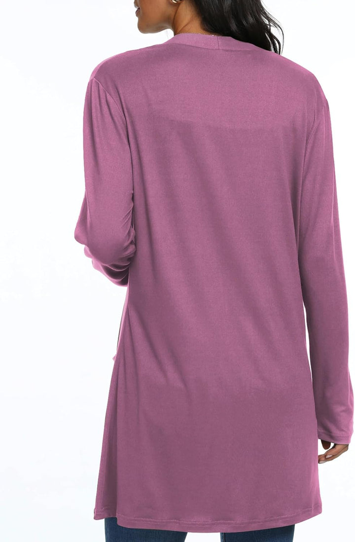 QIXING Casual Leichte Strickjacke Damen Lang Elegant Dünne Strickjacke Lange Ärmel mit Taschen Open