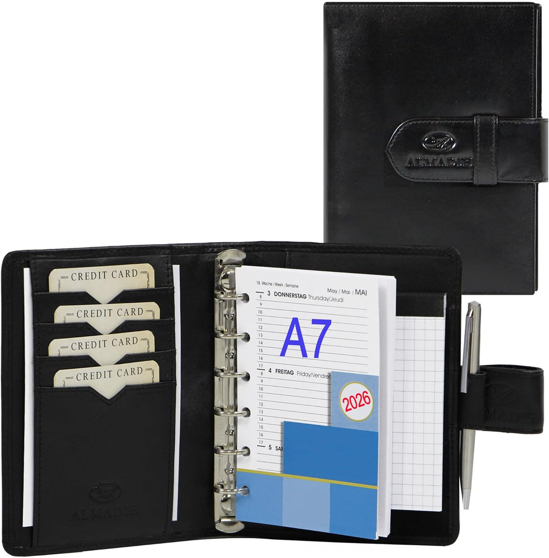 ALMADIH Leder A7 Terminplaner Kalender 2024 Notizblock Premium Rindsleder SCH in Geschenkbox – Leder