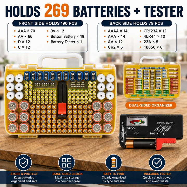 Xuerdon Batterie Aufbewahrungs Organizer mit doppelseitiger Batteriebehälter für 269 Stück AA AAA AA