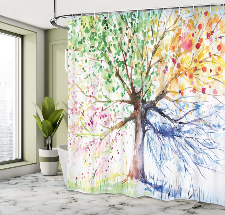 ABAKUHAUS Aquarell Duschvorhang, 4 Jahreszeiten Bunte, Stoffliches Gewebe Badezimmerdekorationsset m