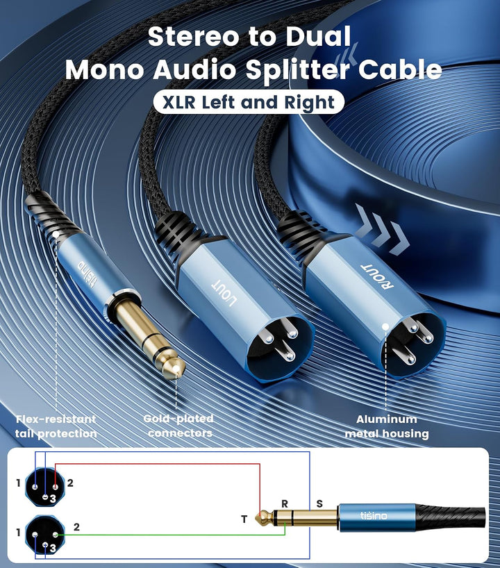 Tisino 6,3mm TRS auf 2 XLR Stecker Y-Kabel (2 m) Stereo-Breakout-Kabel für Mischpulte, Audio-Interfa