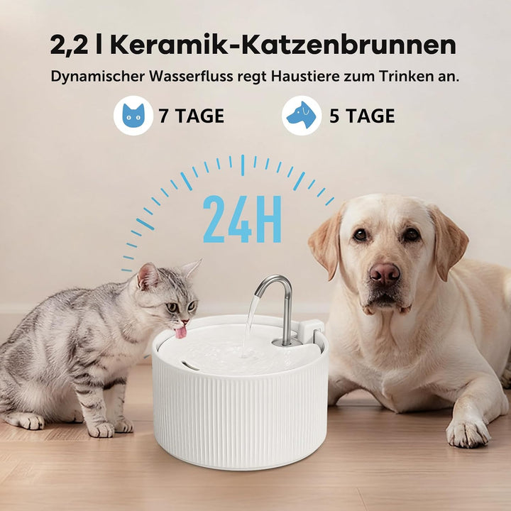 Katzenbrunnen Keramik: NautyPaws 2.2L Trinkbrunnen für Katze Keramik, Leiser Wasserspender Katzen, A