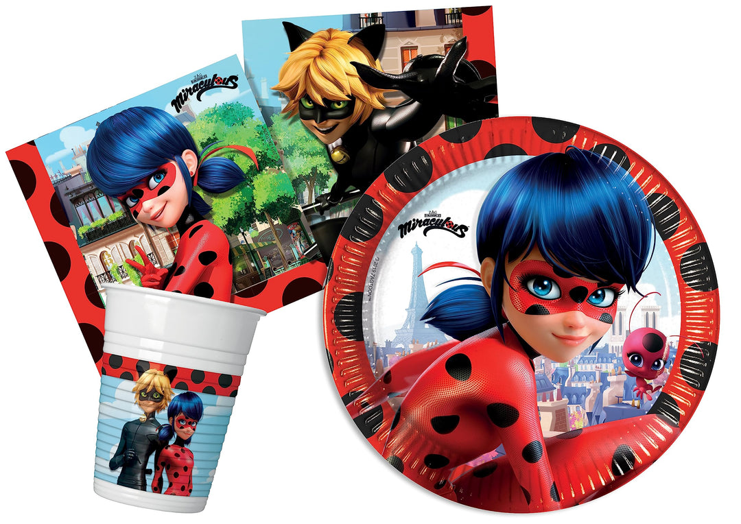 Partygeschirr Party-Set Miraculous Ladybug für 8 Personen (36 pcs: 8 Pappteller Ø23cm, 8 Becher 200m