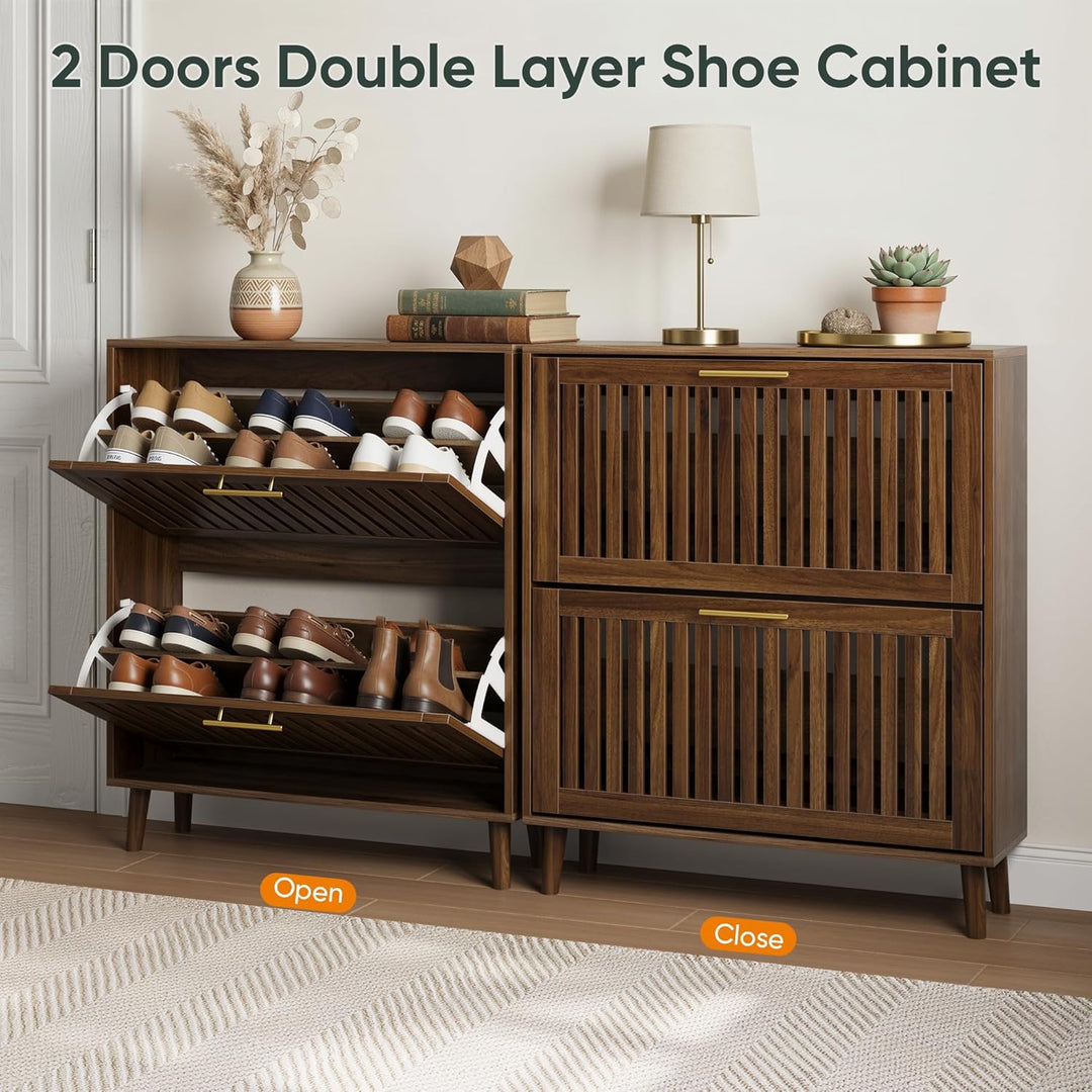 Smart FENDEE Schuhschrank Bauernhausstil, schmaler freistehender Schuh-Organizer mit 2 klappbaren La