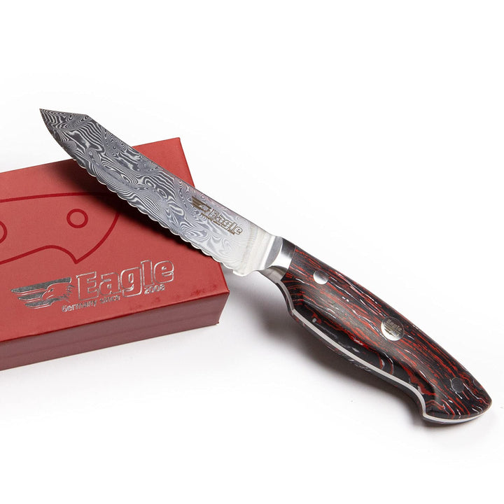 Eagle U-Grip - Brotzeitmesser 11 cm - Voll-Damaststahl 108 Lagen/Heftschalen: G10 schwarz-rot-weiss