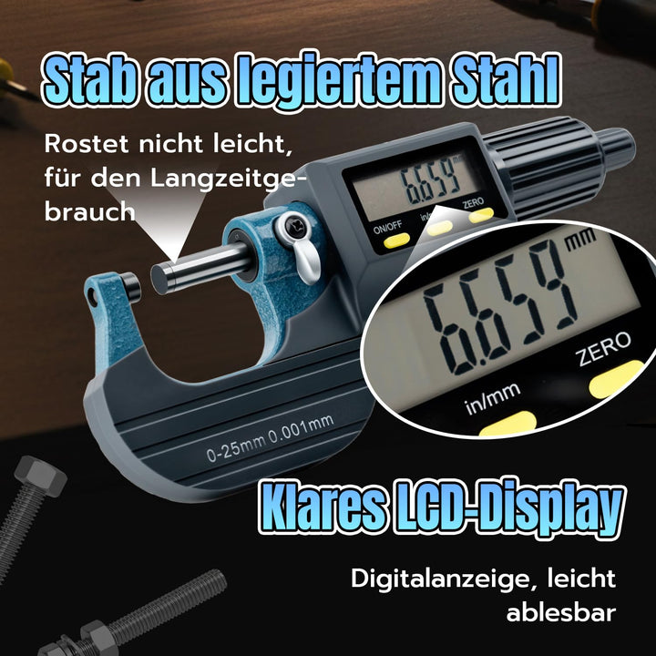 Digitales Mikrometer 0-25mm, LCD Bügelmessschraube Elektronische Aussendurchmesser Messschraube mit