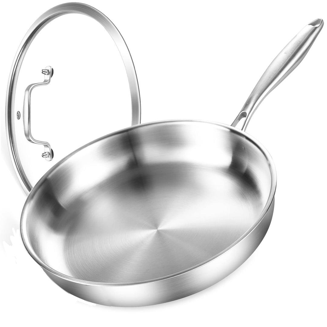 Dreilagige Edelstahl Bratpfanne mit Deckel 22cm,Edelstahlpfanne Unbeschichtet,Induktions Pfanne,Hoch