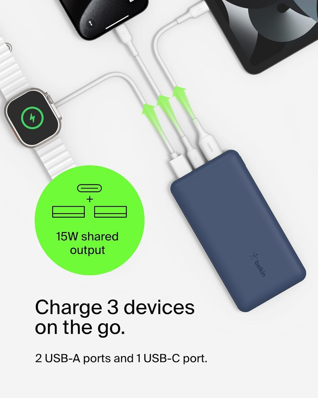 Belkin USB-C-Powerbank (10.000 mAh, 1 USB-C-Port und 2 USB-A-Ports zum Laden von iPhone, AirPods, iP