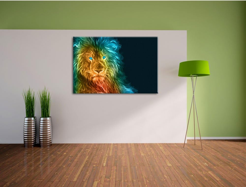 Pixxprint Dark - Löwe mit blauen Augen als Leinwandbild/Grösse: 100x70 cm/Wandbild/Kunstdruck/fertig