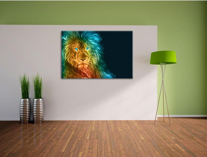 Pixxprint Dark - Löwe mit blauen Augen als Leinwandbild/Grösse: 100x70 cm/Wandbild/Kunstdruck/fertig