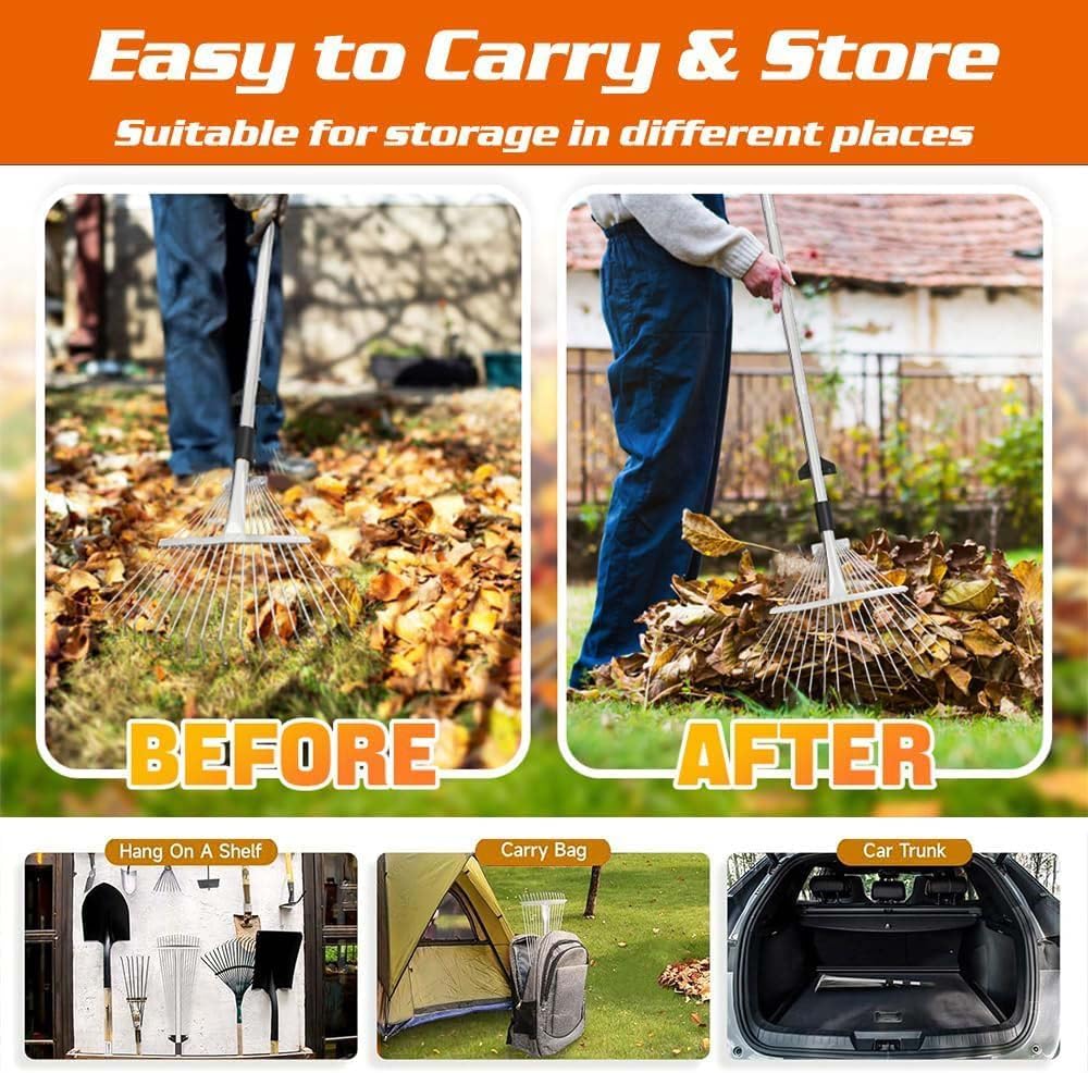 Verbreiterter Laubrechen 22-44cm,Gartenrechen mit 2.15M Verstellbare Metallstange und Handschuhe,Lau