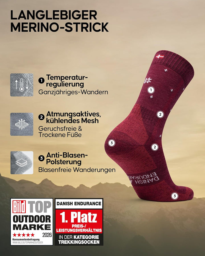 DANISH ENDURANCE Merino Wandersocken, Thermo Outdoor Socken & Trekkingsocken, Stark gepolstert, Meri