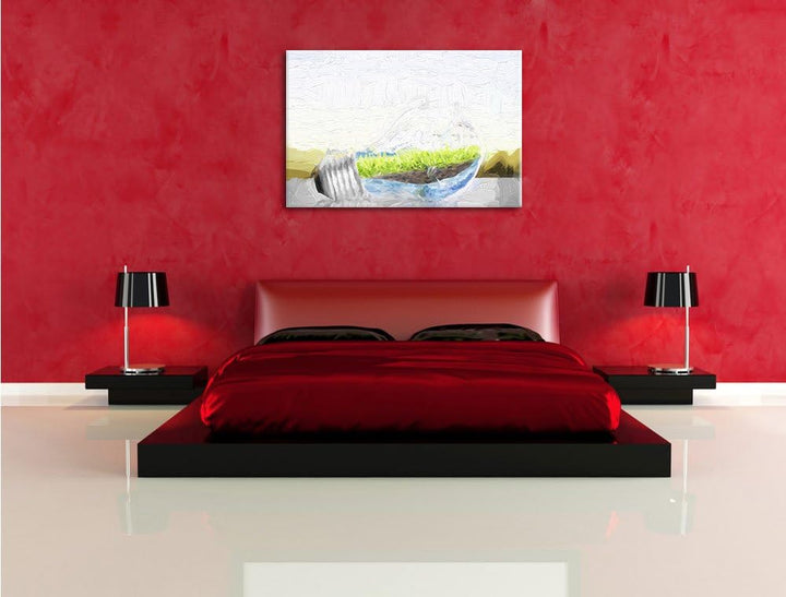 Pixxprint Glühbirne mit erneuerbarer Energie als Leinwandbild/Grösse: 100x70 cm/Wandbild/Kunstdruck/