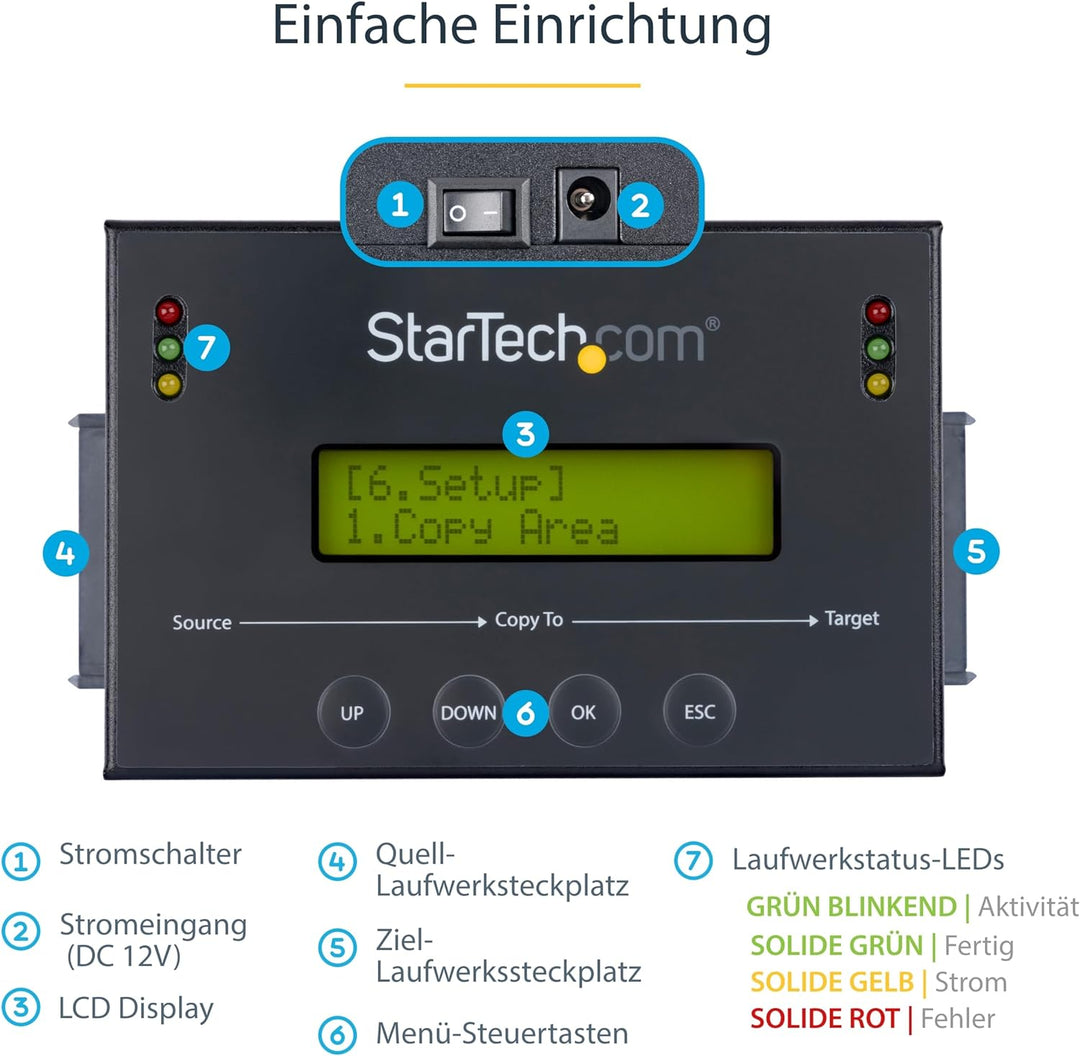 StarTech.com Standalone 2,5 / 3,5 Zoll SATA Festplatten Duplikator mit Multi HDD / SSD Image-Backup