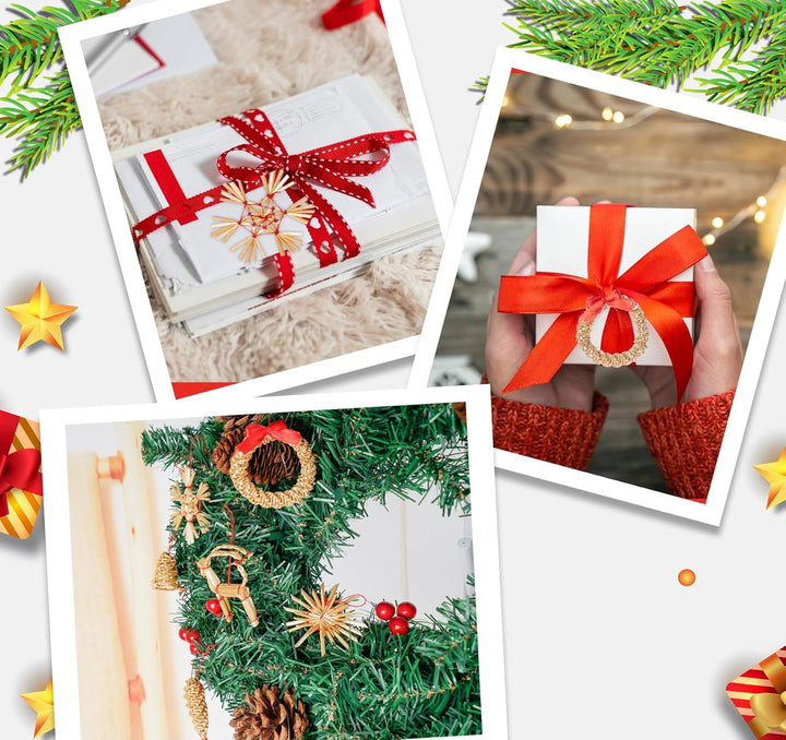 46 x Weihnachten Natur Strohsterne Set,Christbaumschmuck Stroh mit Natürlichen Akzenten,Handgemacht