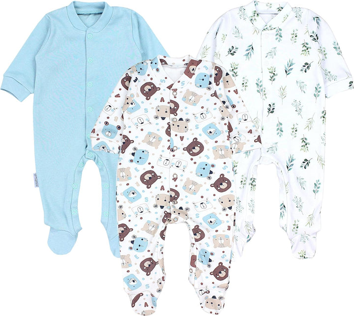 TupTam Baby Jungen Schlafstrampler Langarm Strampler Schlafanzug mit Fuss 3er Pack 50 Bärchen Blätte