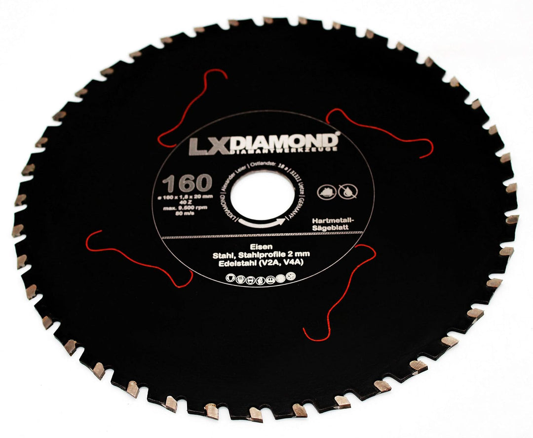 LXDIAMOND Hartmetall Sägeblatt 160mm x 20,0mm Z40 für Eisen Stahl Edelstahl V2A V4A Stahlprofile Ble