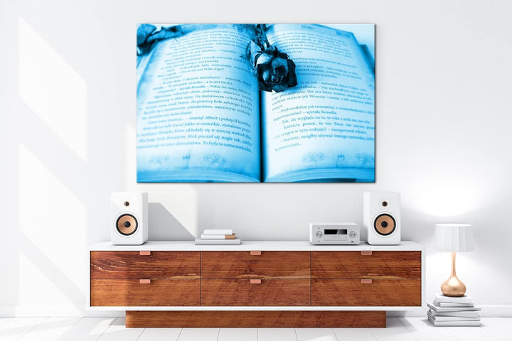 deyoli altes Buch mit roter Rose Format 80x60 Effekt: Monocrome Blau als Leinwandbild, Motiv fertig